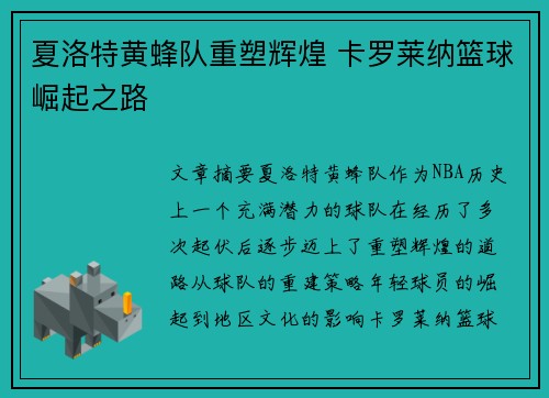 夏洛特黄蜂队重塑辉煌 卡罗莱纳篮球崛起之路