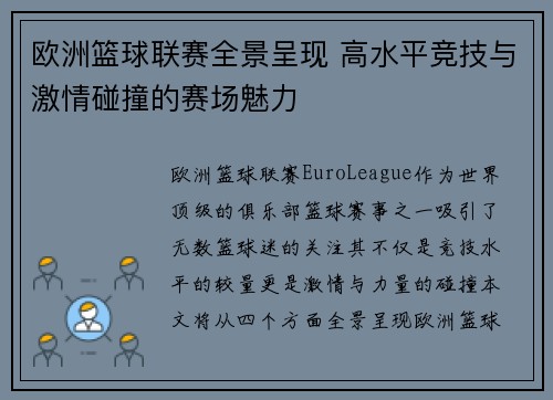 欧洲篮球联赛全景呈现 高水平竞技与激情碰撞的赛场魅力